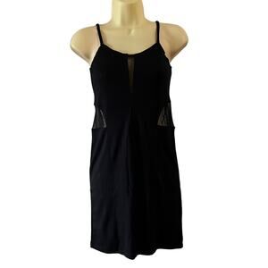 Basic House Black Knit Dress Juniors Size Small Sheer Dot Insets Cutouts Mini